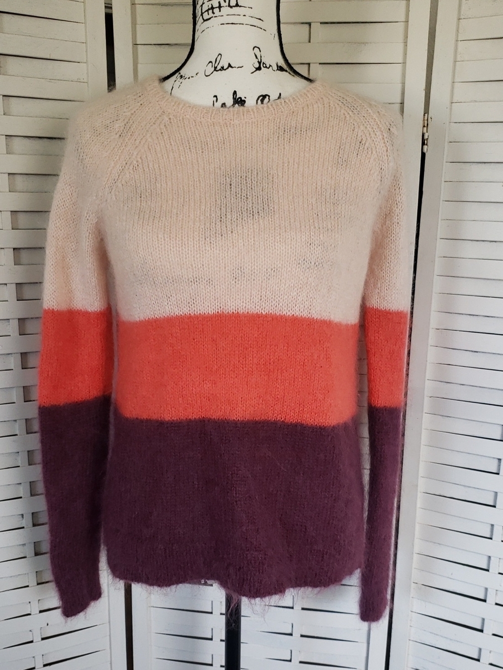 Needle Colorblock Mohair-Blend Sweater in Cream, Coral & Plum XS